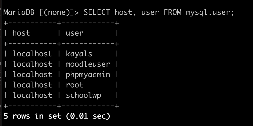 SELECT host, user FROM mysql.user;
